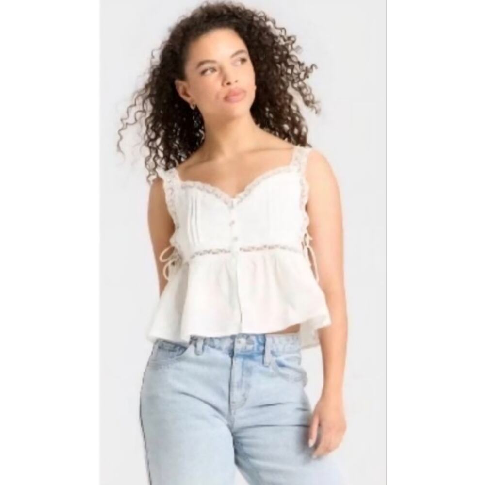 Wild Fable White Lace Coquette Peplum Babydoll Top XL Cottagecore Boho Lace-Up